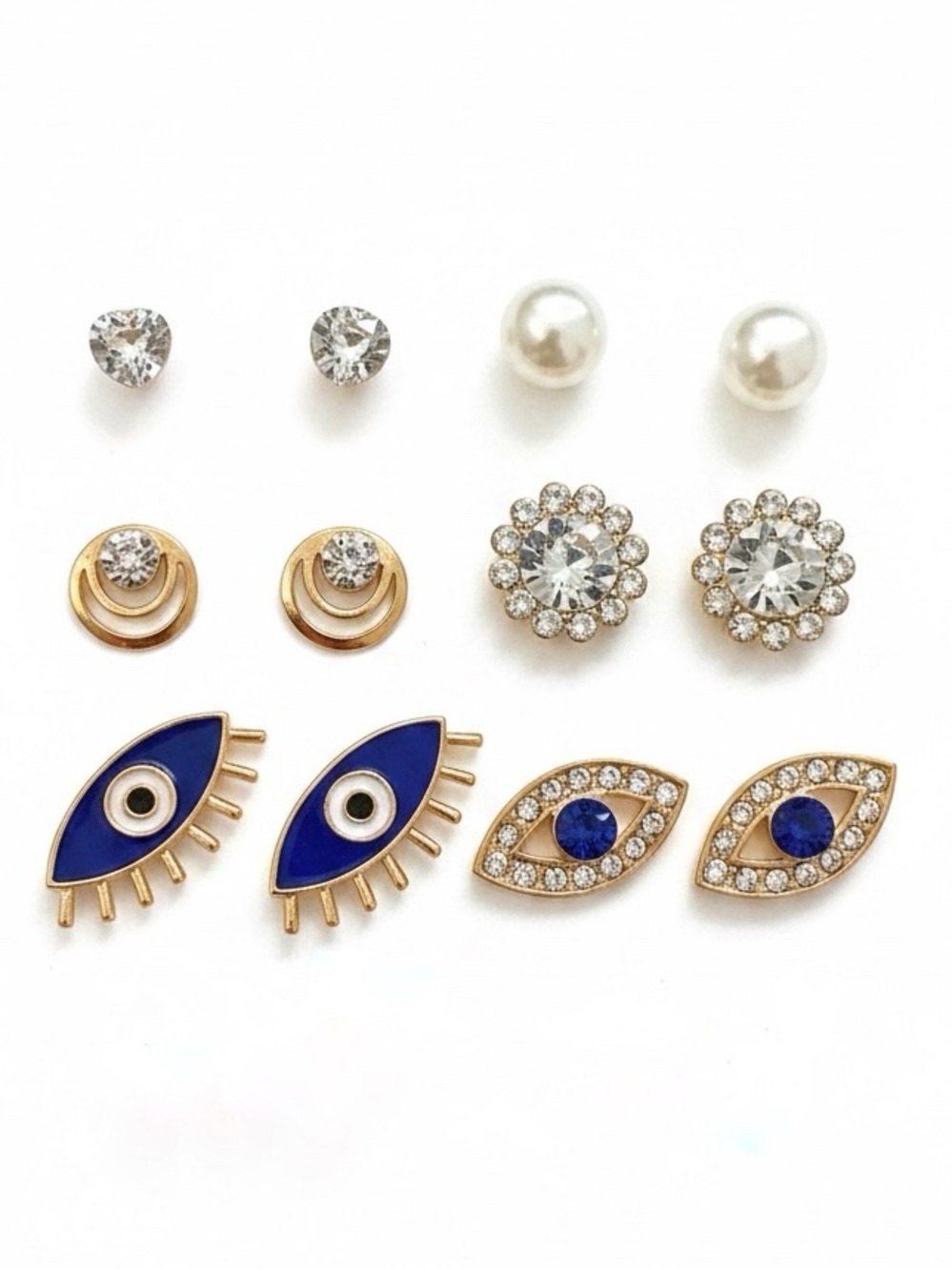 Royal Blue Evil Eye White Pearl Rhinestone Gold Swirl Set 6 Pairs Post Earrings